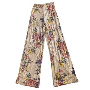 Forever 21 Contemporary Floral Sequin Wide Leg Pants Gold High Rise Party Sz XS